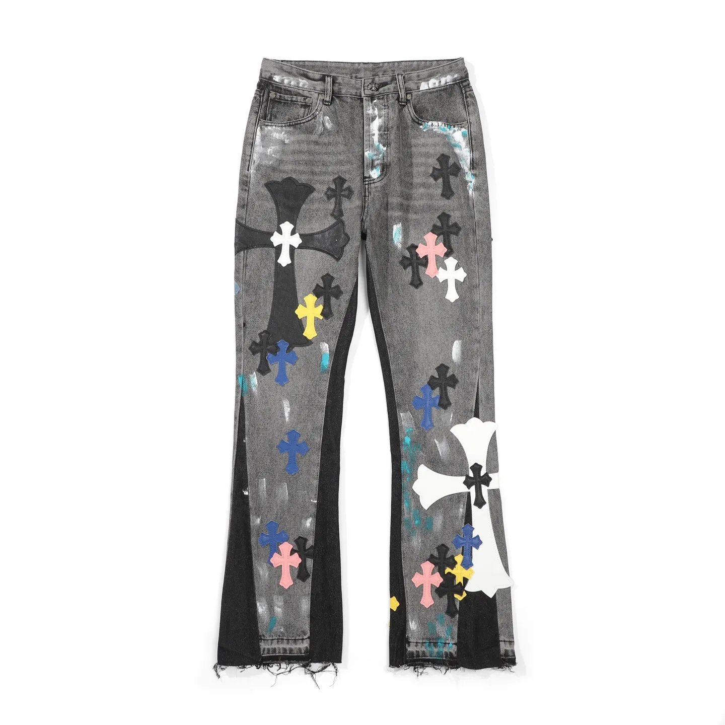P340 top version GALLERY DEPT & Chrome hearts washed jeans with co-branded blue, yellow, black, white and multi-color stitching. Really restores the ultimate vintage texture. Three-dimensional version. Loose and comfortable, not picky about body shape. Makes taller and slimmer. Factory Seiko. Original factory quality control. Same style for men and women. Can be matched with couples. Versatile recommendation. Must-have jeans for all seasons. Fashionistas have been disappointed. From the quality selection of fabrics, the tailoring of details, and the matching of patterns, they are all impeccable! It is so handsome when worn...men, women, old and young can easily wear it! The craftsmanship is made of heavy-duty washed pure cotton denim fabric. After washing, it is soft and thick and looks very stylish when worn. Color: black Size: 28 30 32 34 36